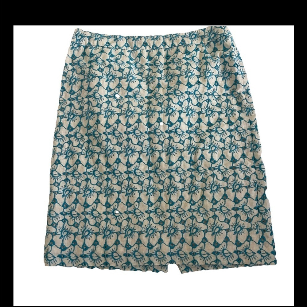 Talbots Embroidered Floral Linen Skirt Womens Size 10 White Blue Cotton Lining